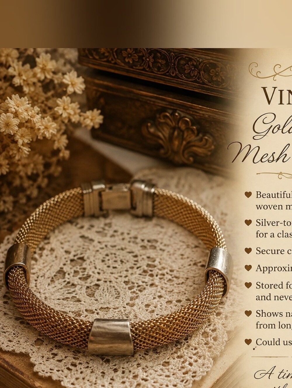 Vintage Gold Mesh Bracelet with Silver Accents